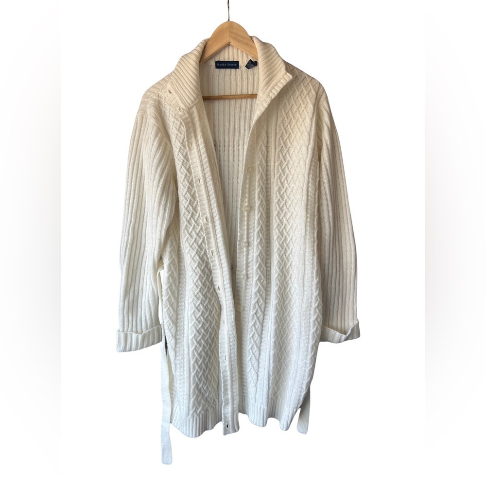 Karen Scott Cream Cable Knit Button-Front Cardigan